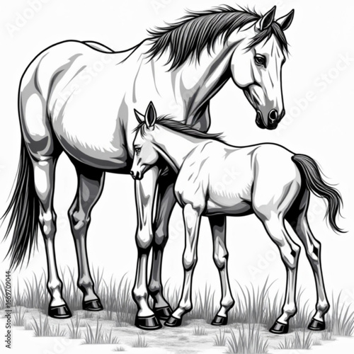 Horse with Foal: A monochrome, elegant illustration of a nurturing mother horse standing protectively beside her foal, evoking a sense of gentle affection and companionship.