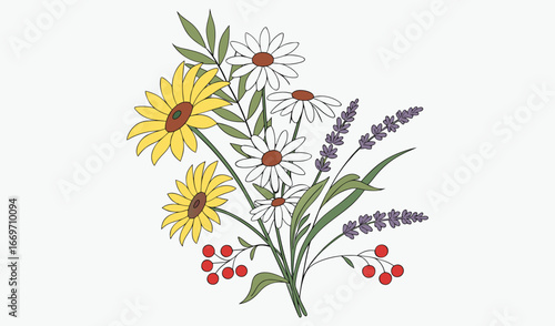 A charming bouquet of wildflowers including sunflowers daisies and lavender with red berries