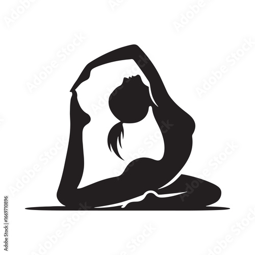 Clean black vector silhouette of Bow Pose Dhanurasana yoga, strong female outline illustration, flexibility stretching fitness exercise, clear posture design on white background