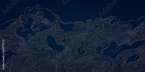 Vector wave japanese pattern, line golden on blue vintage nature graphic. Ocean, river splash background, asian design ornament, luxury curve ornament
