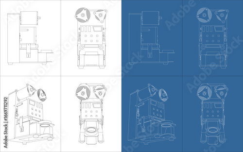 Detailed Blueprint Wireframe and Line Drawing Set of an Automatic Cup Sealer Machine from Multiple Viewpoints
