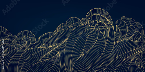 Vector wave japanese pattern, line golden on blue vintage nature graphic. Ocean, river splash background, asian design ornament, luxury curve ornament