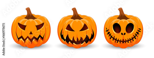 Set carved Halloween pumpkins with different scary faces isolated on white background. The main symbol of the Happy Halloween holiday. Vector illustration.