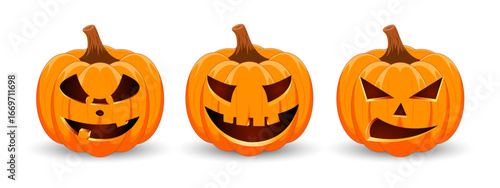 Set carved Halloween pumpkins with different scary faces isolated on white background. The main symbol of the Happy Halloween holiday. Vector illustration.