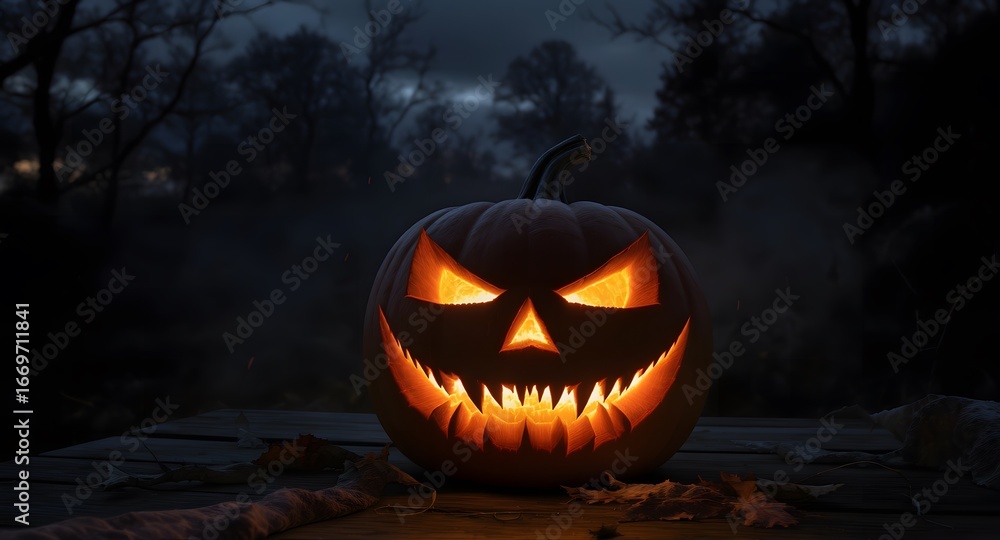 Fototapeta premium Spooky Halloween Jack O Lantern Pumpkin with Glowing Face in Dark Forest