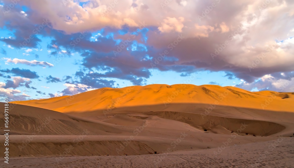 Fototapeta premium Golden Sand Dunes at Sunset Under a Cloudy Sky