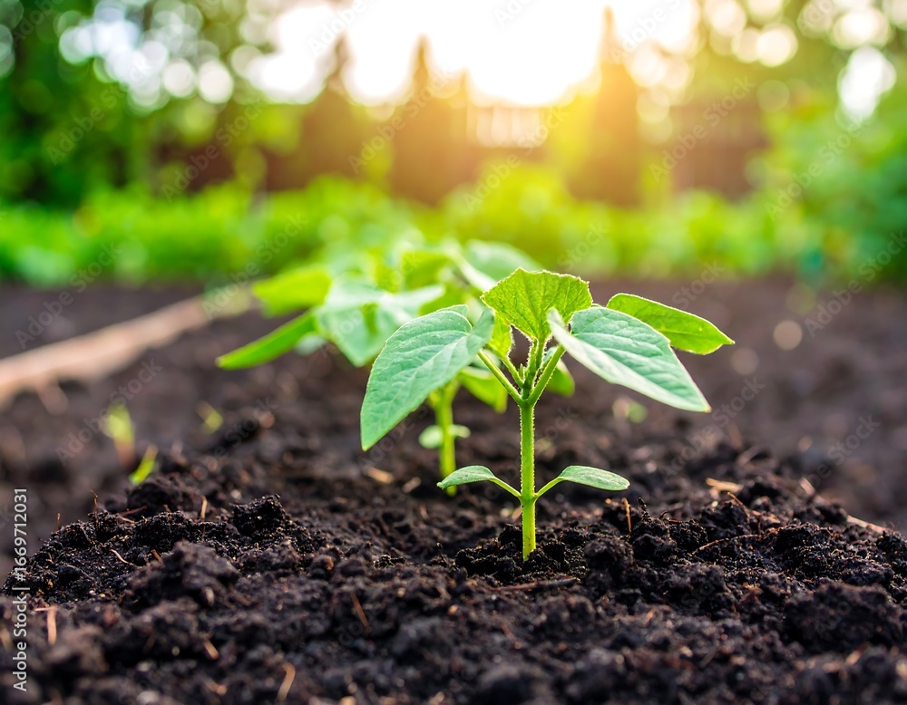 Fototapeta premium Young seedlings emerge from dark soil in a garden, bathed in sunlight