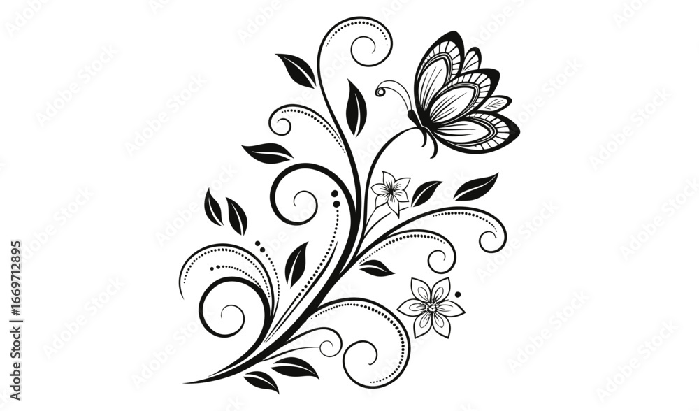 Elegant black and white floral vine with a delicate butterfly illustration Elegant black and white floral vine with a delicate butterfly illustration
