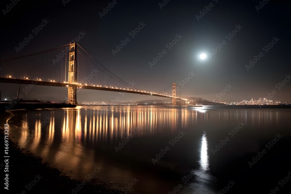 Fototapeta premium Golden Gate Bridge at night, moonlit, illuminated by lights.