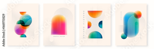 Gradient background vector set. Minimal posters with colorful, geometric shapes, lines. Modern wallpaper design for social media, poster, banner, flyer