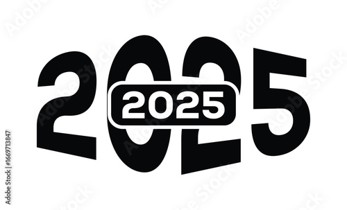 Minimalist black and white graphic design featuring bold "2025 " text in sans-serif font with layered 3D effect. Modern, clean, and impactful style on a pure white background.