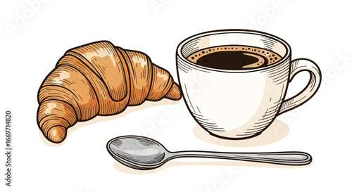 Hand-drawn vector illustration of coffee and breakfast objects