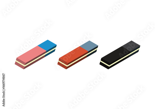 A used eraser shows wear and tear, featuring marks and debris from erasing pencil on a white background.