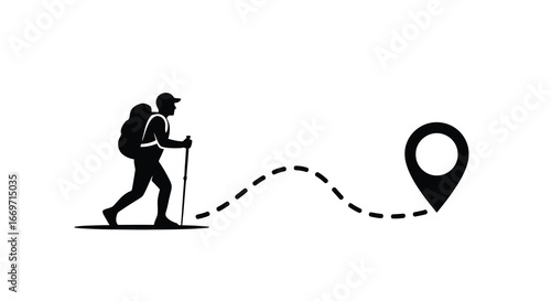Vector illustration of silhouette of a hiker with a backpack and trekking poles walking along a dashed path to a location pin