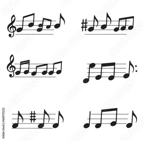 Collection of black and white musical notation elements for music composition or education