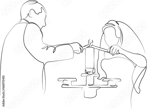 One continuous single drawing line art flat doodle bride, wedding, judaism, celebration, cultures, love, veil. Isolated image hand draw contour on a white background, hand drawn, not AI