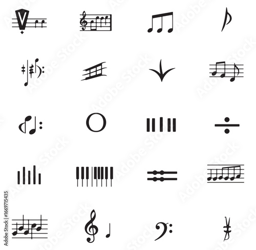 Collection of black and white musical symbols for music composition and education