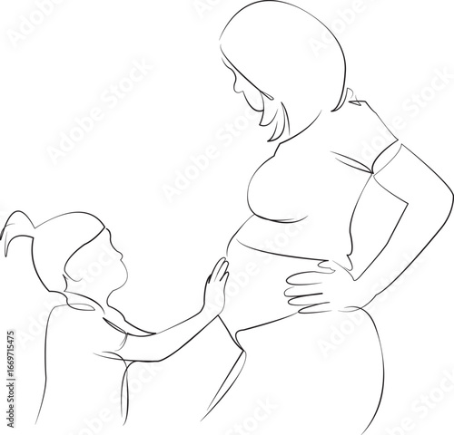 One continuous single drawing line art flat doodle mother, children, daughter, pregnant, woman, togetherness, belly, pregnancy. Isolated image hand draw contour on a white background, hand drawn, not 