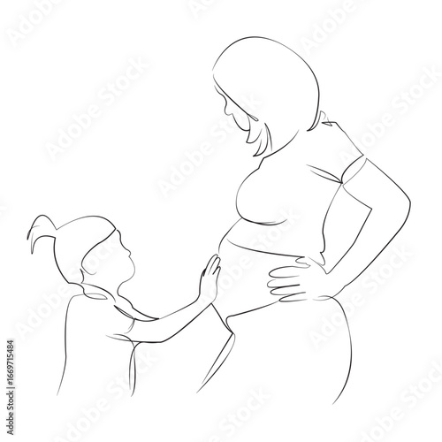 One continuous single drawing line art flat doodle mother, children, daughter, pregnant, woman, togetherness, belly, pregnancy. Isolated image hand draw contour on a white background, hand drawn, not 