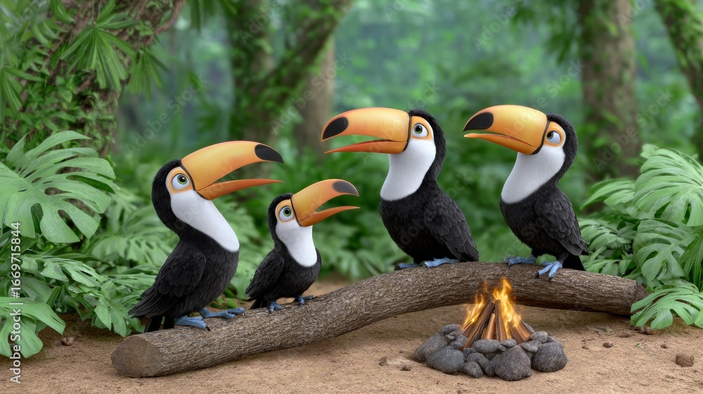 Fototapeta premium Animated toucans gather around a campfire in a lush jungle playful scene tropical environment bird conservation concept