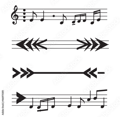 Decorative musical notation elements and arrow designs in simple black and white graphic