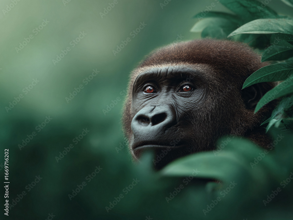 Obraz premium Intimate portrait of a gorilla emerging from lush green foliage. Powerful and thoughtful expression, perfect for nature, wildlife, conservation, or empathy concepts.