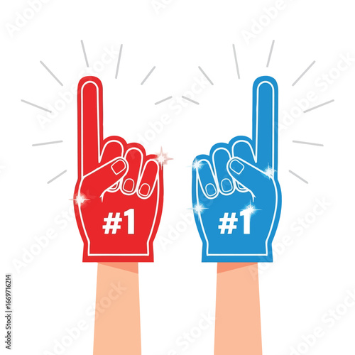 Vector illustration of two hands wearing foam fingers, one red and one blue, with the number one on them