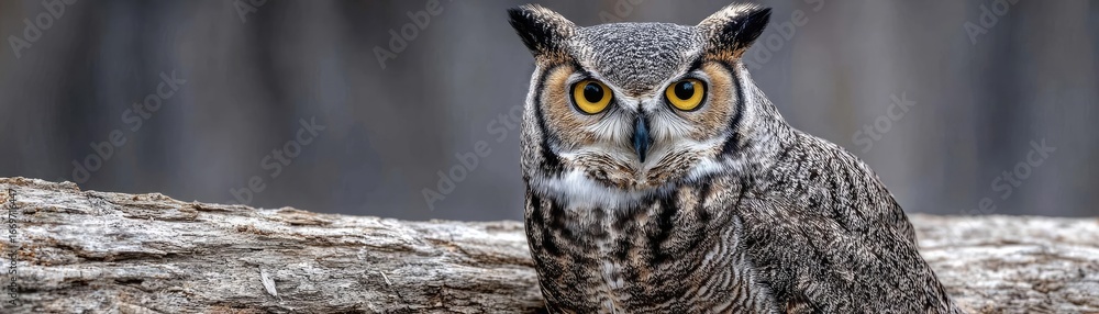 Fototapeta premium Shocked owl reacting in surprise concept. A majestic owl perched on a tree branch, showcasing its sharp gaze.
