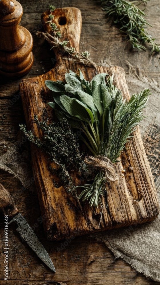 Obraz premium Rustic wooden board with herbs