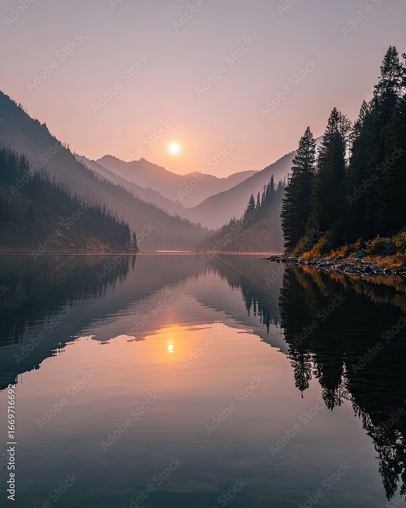 Fototapeta premium Calm lake sunrise, mountains reflected