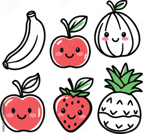 Bold black line cute fruit doodle icons, smiling apple, banana, strawberry, pineapple, minimal cartoon style, kids fun illustration, coloring page friendly vector 2