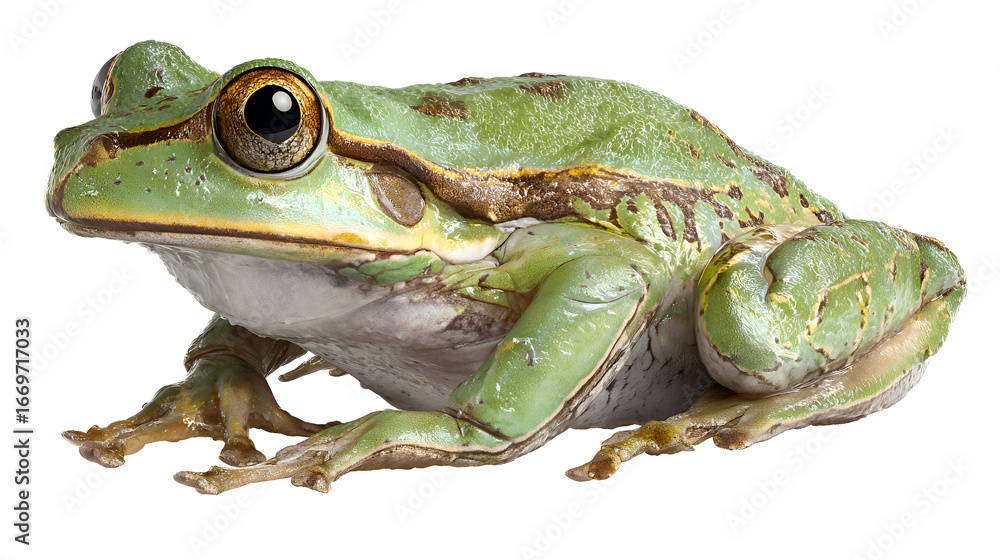 Obraz premium Vibrant green tree frog with striking golden eyes poised on a clean white background, showcasing intricate skin texture and natural beauty