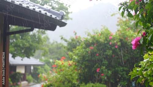 Rain falling on a house and garden, blurred background