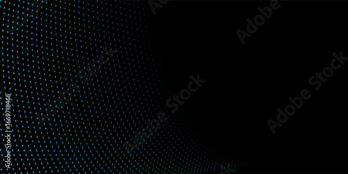 Curved wavy halftone pattern in soft blue on the left over black background, creating depth and rhythm, ideal for modern, minimal, and tech-inspired designs. Modern style visual template.