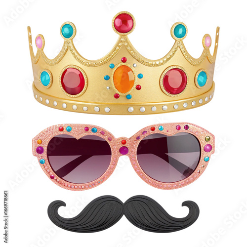 Glamorous golden crown sparkling with colorful jewels sits above trendy heart-shaped sunglasses adorned with glitter and rhinestones, complete with a playful black mustache.