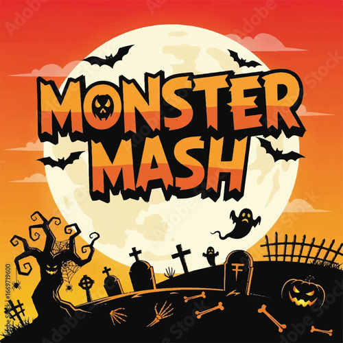 Halloween Monster Mash Graveyard Scene with Spooky Elements.