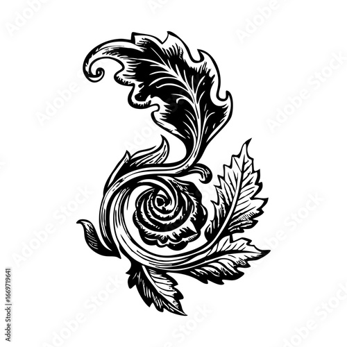 A vintage style illustration showing leaf swirl