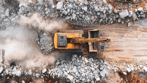 Aerial view of a yellow excavator working in a quarry