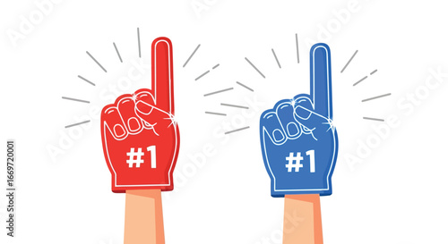Vector illustration of two hands wearing foam fingers numbered 1, showing support and victory