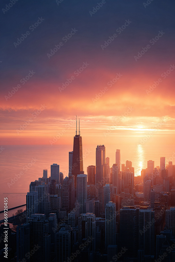 Fototapeta premium Dramatic cityscape at sunrise. Modern buildings stand tall against the vibrant sky. Powerful imagery ideal for urban development, travel, and business themes.