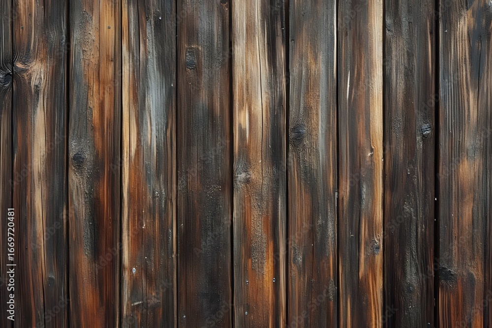 Naklejka premium Dark, weathered wooden planks in a rustic setting.