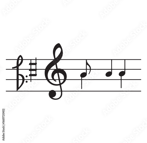 Musical notation illustration with treble clef bass clef and various musical notes on a stave