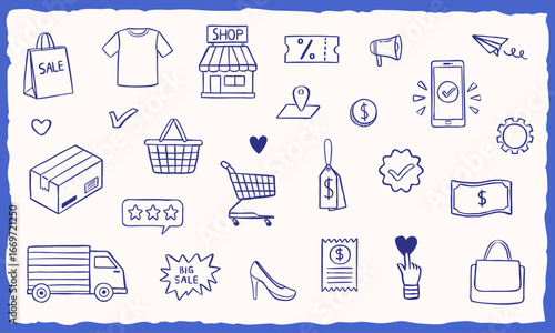 e-commerce doodle icon symbol hand drawn vector illustration collection set