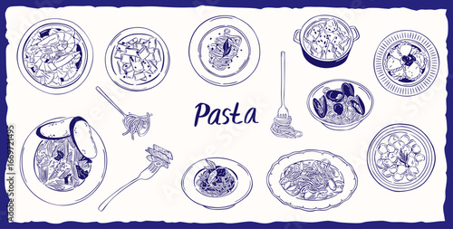 pasta dish sketch doodle hand drawn vector illustration set - Italian food