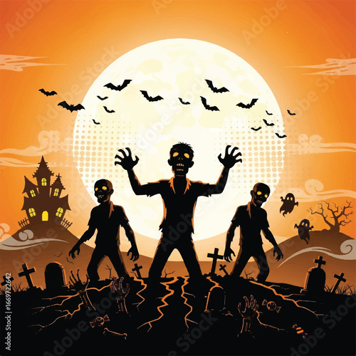 Zombies rising from graves in a spooky cemetery on Halloween night with a full moon and haunted house.