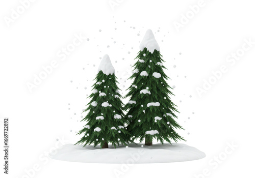 Isolated Seasonal pine trees and snow drifting on branches, falling snowflakes render