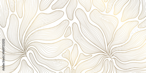 Vector golden art deco fancy leaves pattern, leaf floral luxury background, nouveau jungle elegant nature wallpaper. Garden botanical decor graphic.