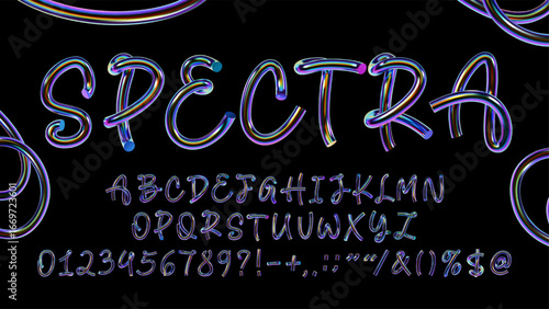Colorful tubular 3D typeface with chrome and iridescent spectrum effect, including full alphabet, numbers and symbols in futuristic Y2K typography