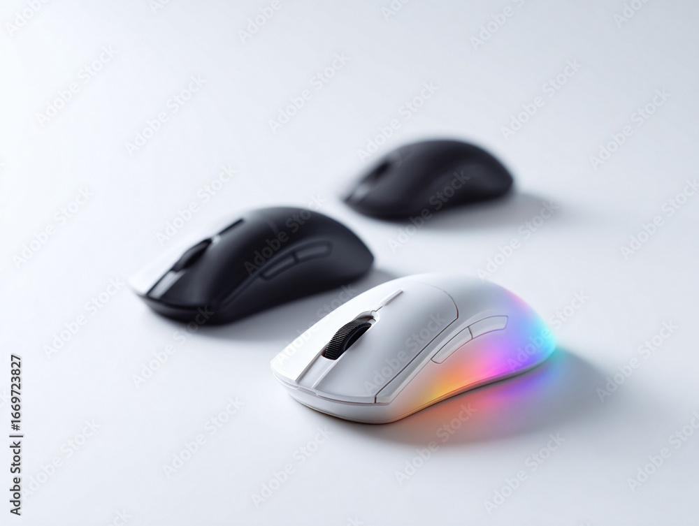 Sleek computer mice in black and white, one with vibrant RGB lighting. Modern technology for gaming, design or office use. Shows choice, innovation, and competition. Sleek computer mice in black and white, one with vibrant RGB lighting. Modern technology for gaming, design or office use. Shows choice, innovation, and competition.
