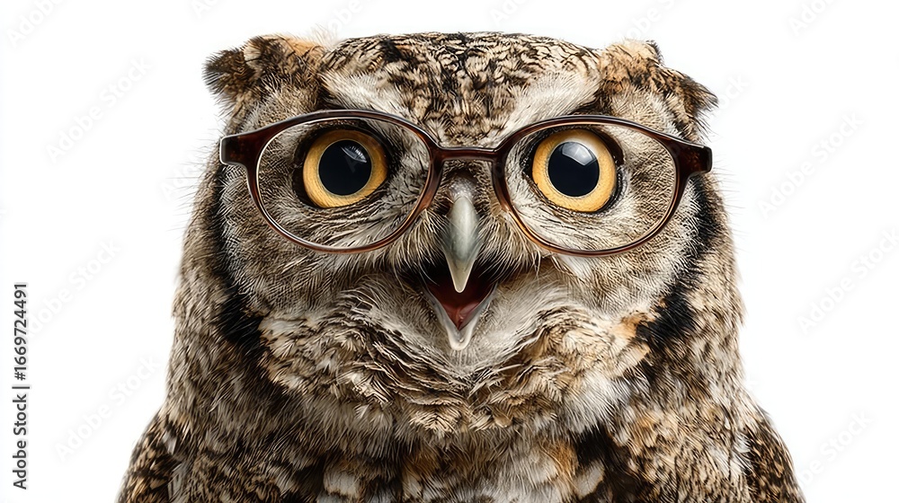 Fototapeta premium Shocked owl reacting in surprise concept. An owl wearing glasses, smiling and looking wise and friendly.